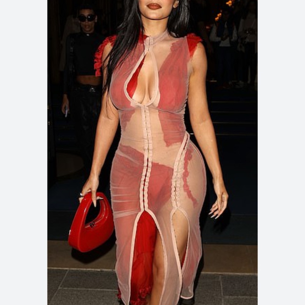 Elegant Red and Cream Sheer Dress